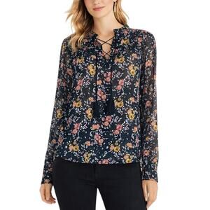 Xhilaration Floral Lace Up Sheer Top Blouse Black Size XS